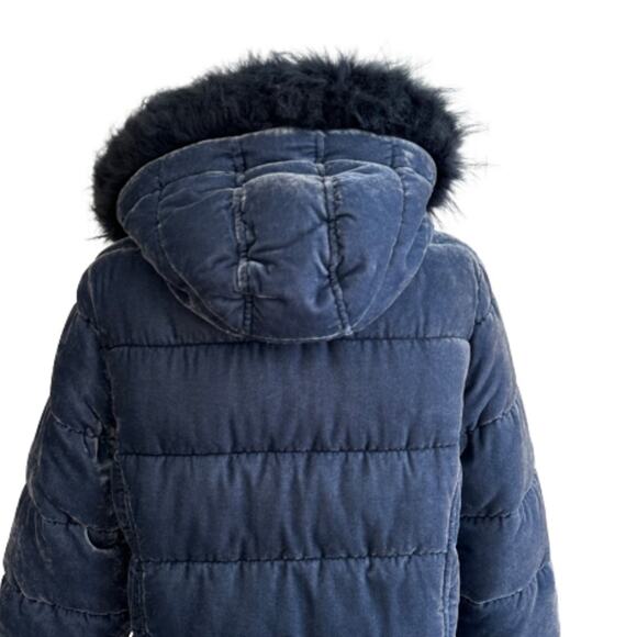 Loft Blue Faux Fur Detachable Hood Crushed Velvet Puffer Quilted Coat Small - Picture 6 of 13